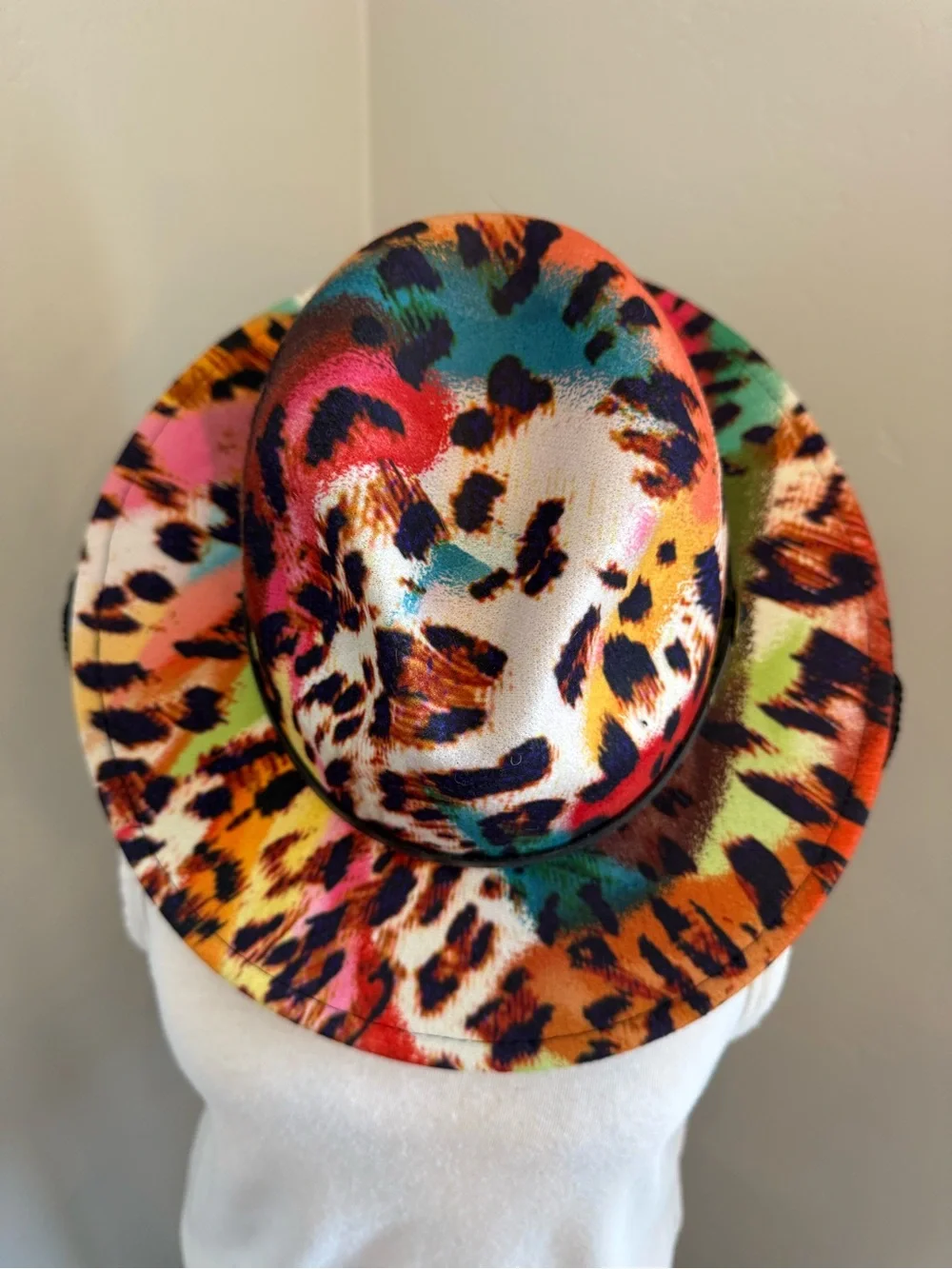 Multicolor Leopard Print Fedora Hat Adjustable Wide Brim Boho Festival One Size
